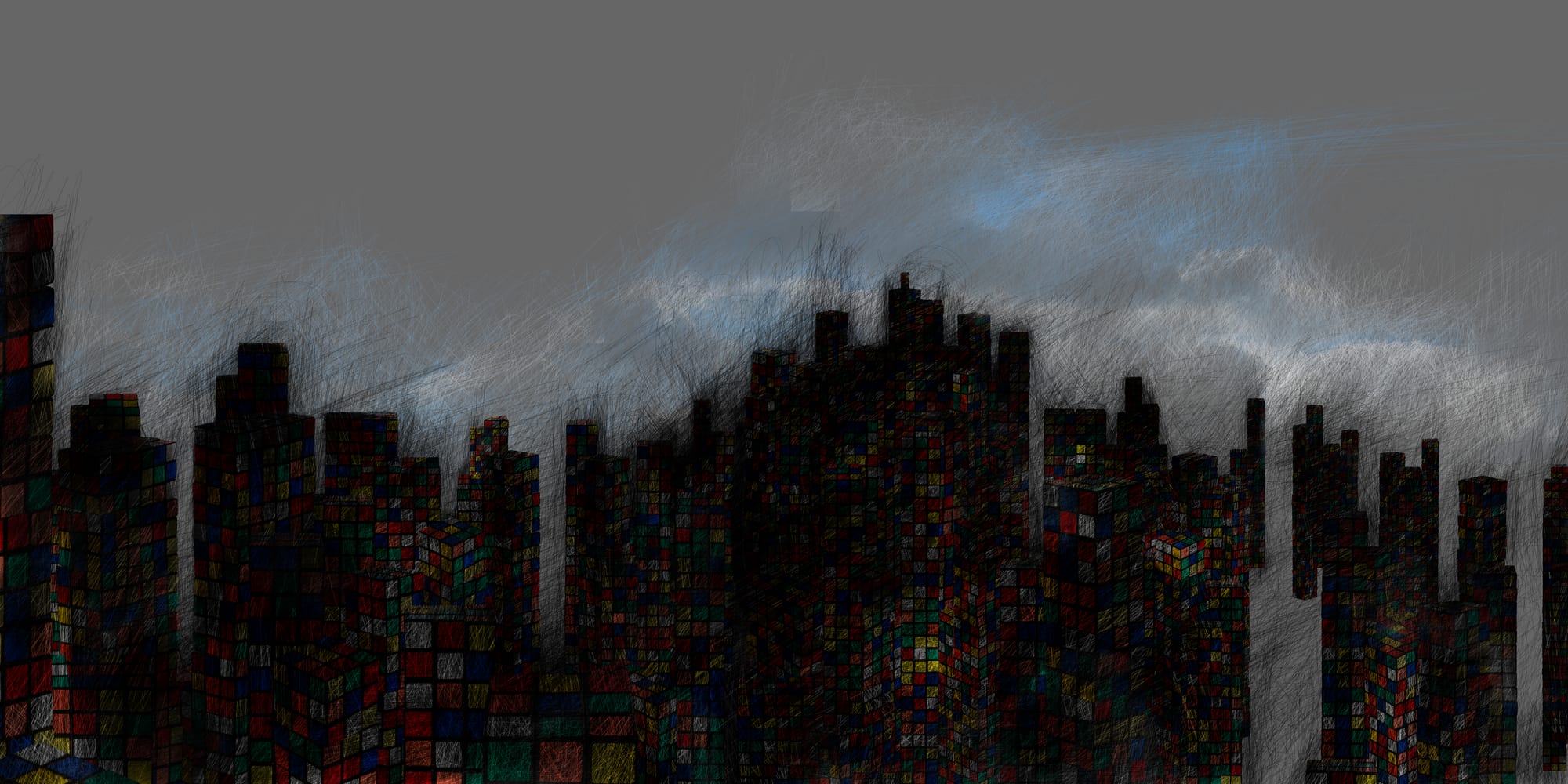 A cityscape of tall buildings built from colourful Rubik’s cubes, under a dark and stormy sky.