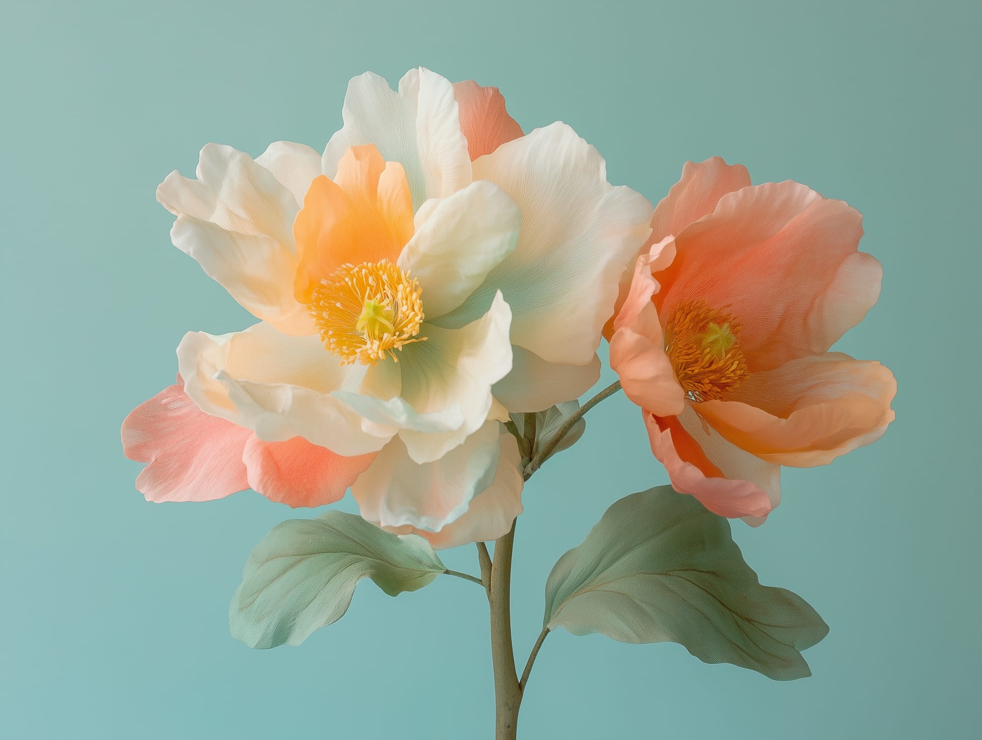 A digital illustration of a pastel-coloured floral arrangement with large peach, cream and coral flowers and green leaves against a soft turquoise background.