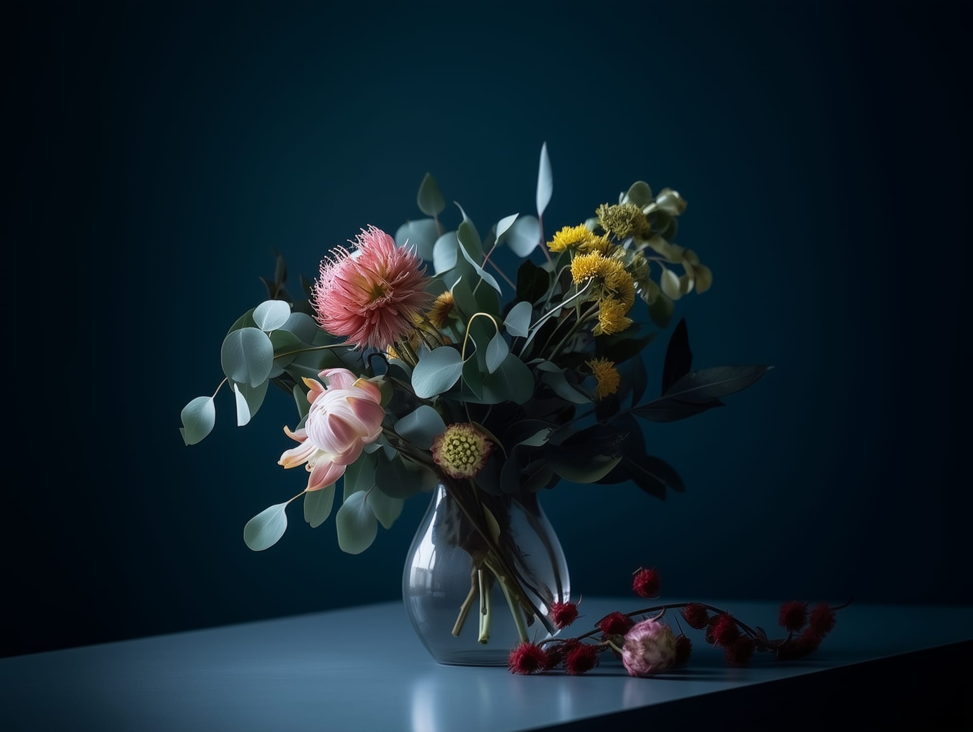 A bouquet of pink, yellow and red flowers with eucalyptus leaves in a clear glass vase on a flat surface against a dark background.