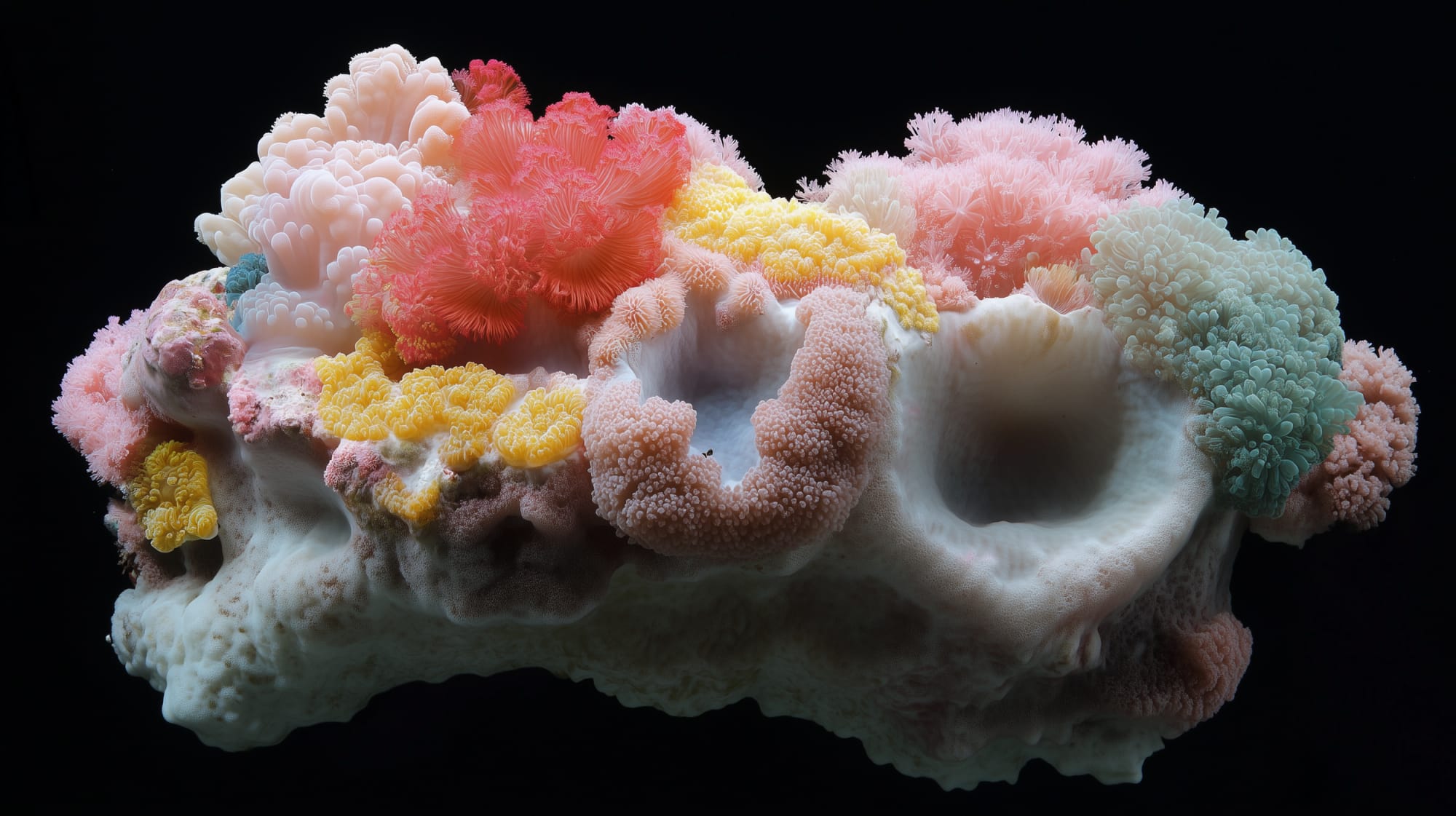 Colourful coral reef with pink, yellow, white and green coral formations on a dark background.
