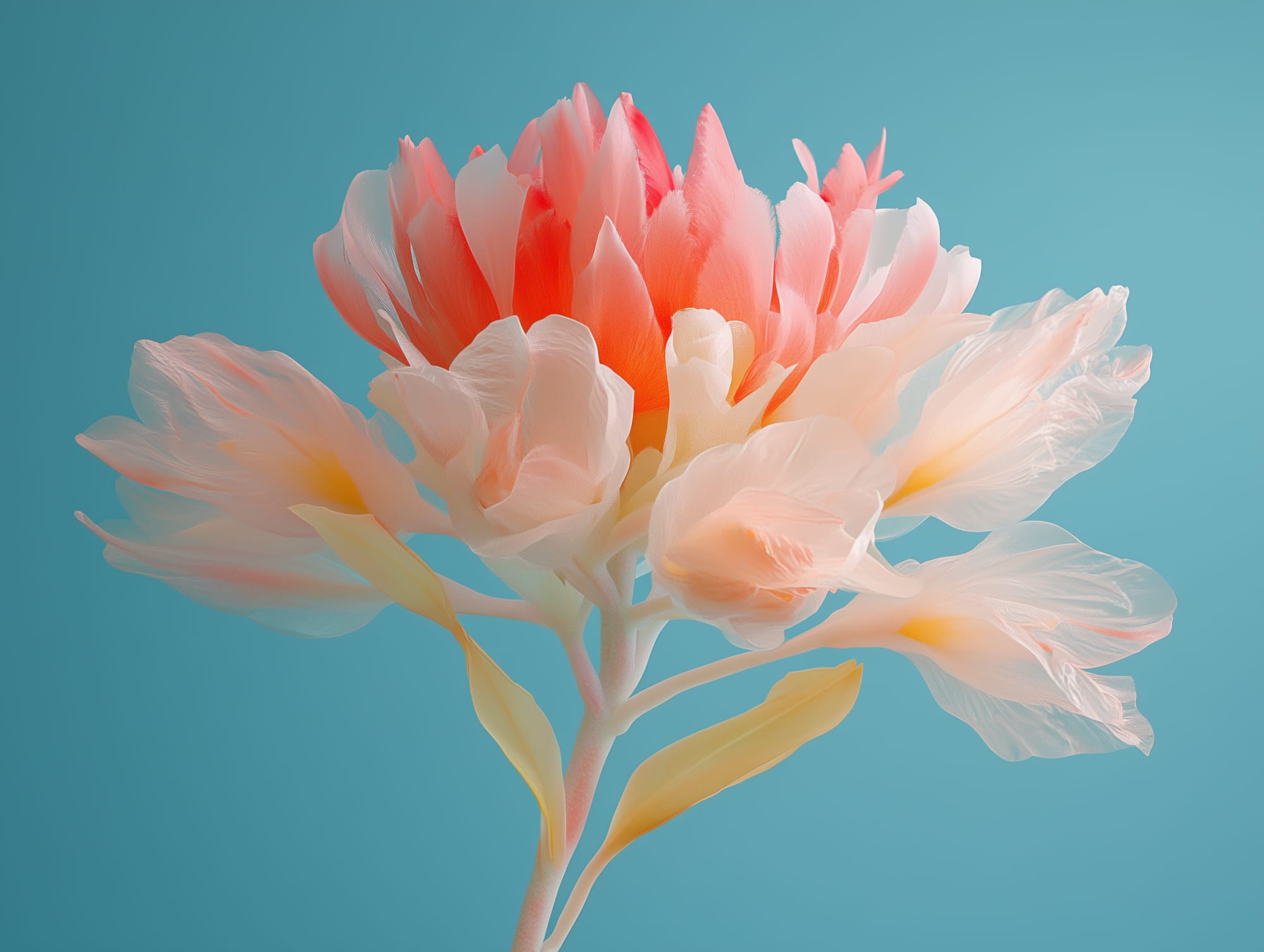 Close-up of a pink and white peony flower against a solid light blue background.