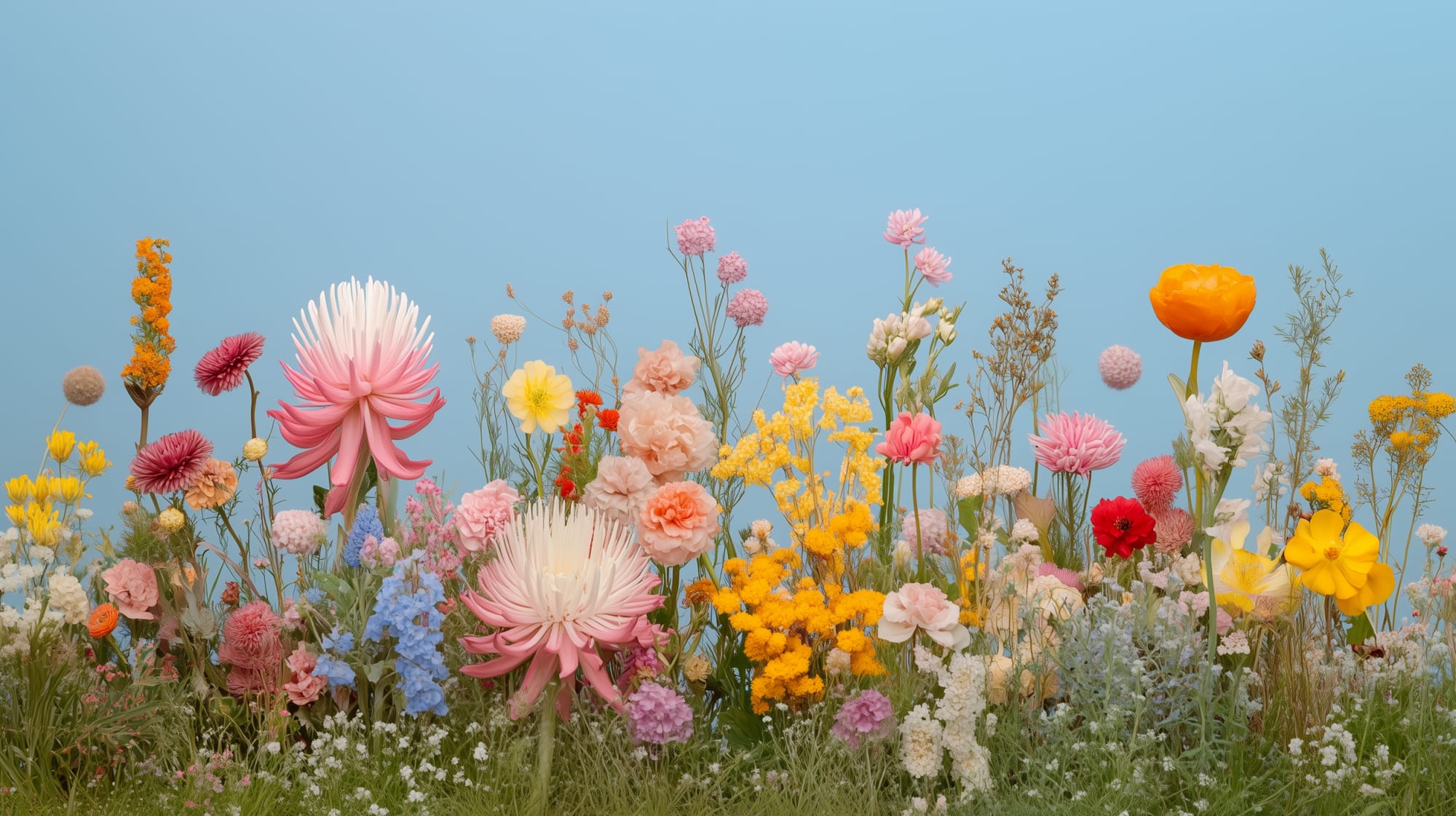 Colourful wildflowers in a field against a clear blue sky.