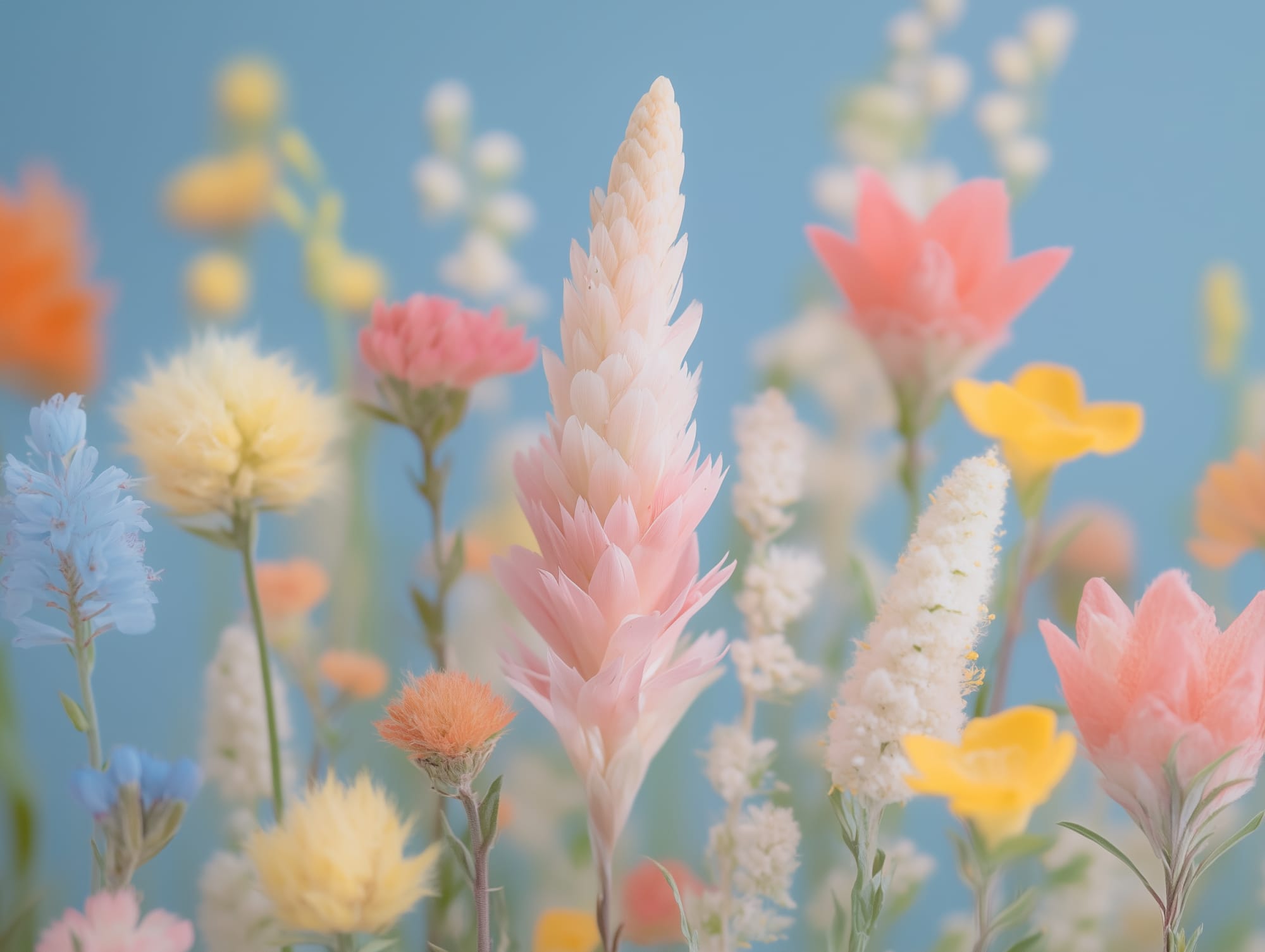 A collection of pink, yellow, white, orange and blue flowers on a light blue background.