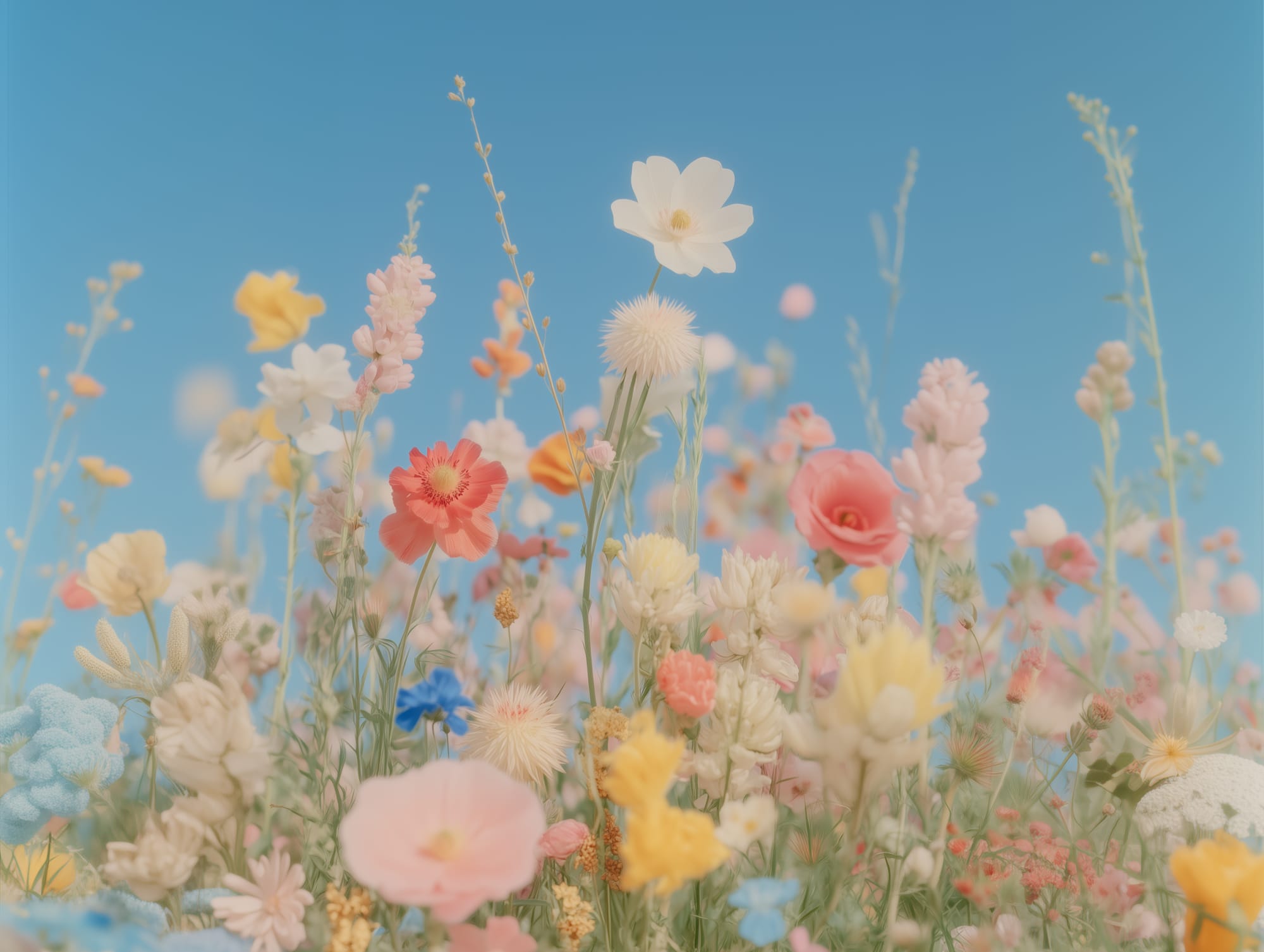 Colourful wildflowers against a bright blue sky.