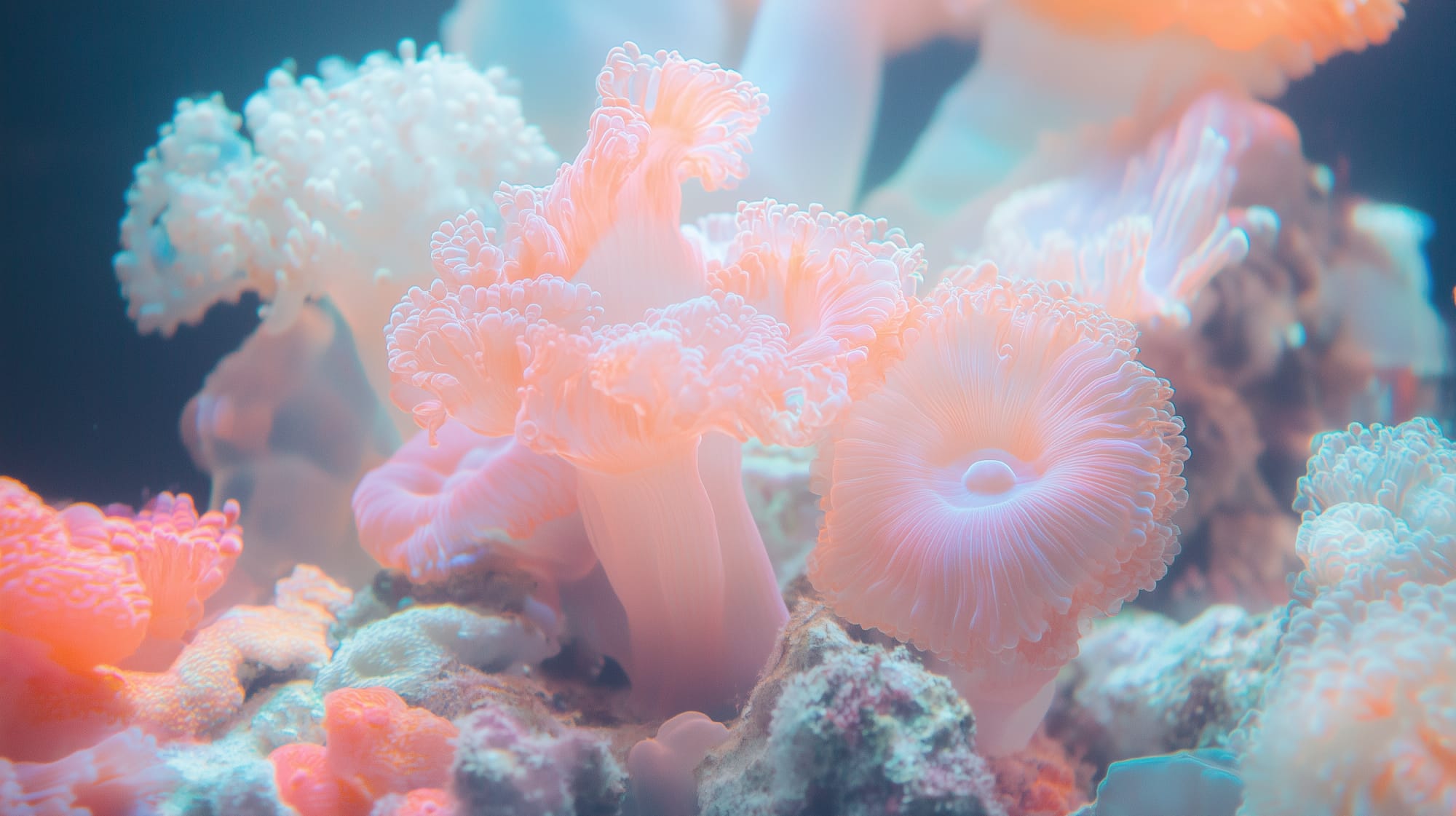 Close-up of colourful coral reef with various pink and blue corals under water.