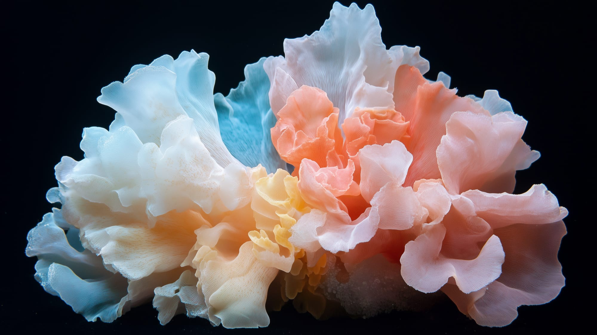 Close-up of a colourful coral with white, blue, pink and yellow ruffled coral polyps against a black background.