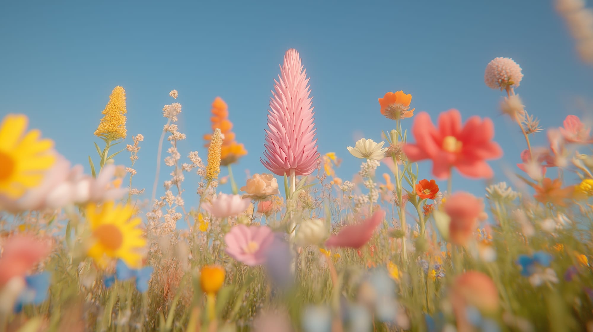 Colourful wildflowers blooming under a blue sky, featuring a prominent pink flower in the centre.