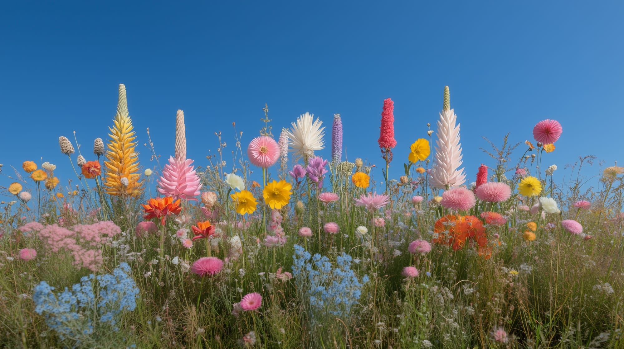 A field of colourful wildflowers under a clear blue sky.