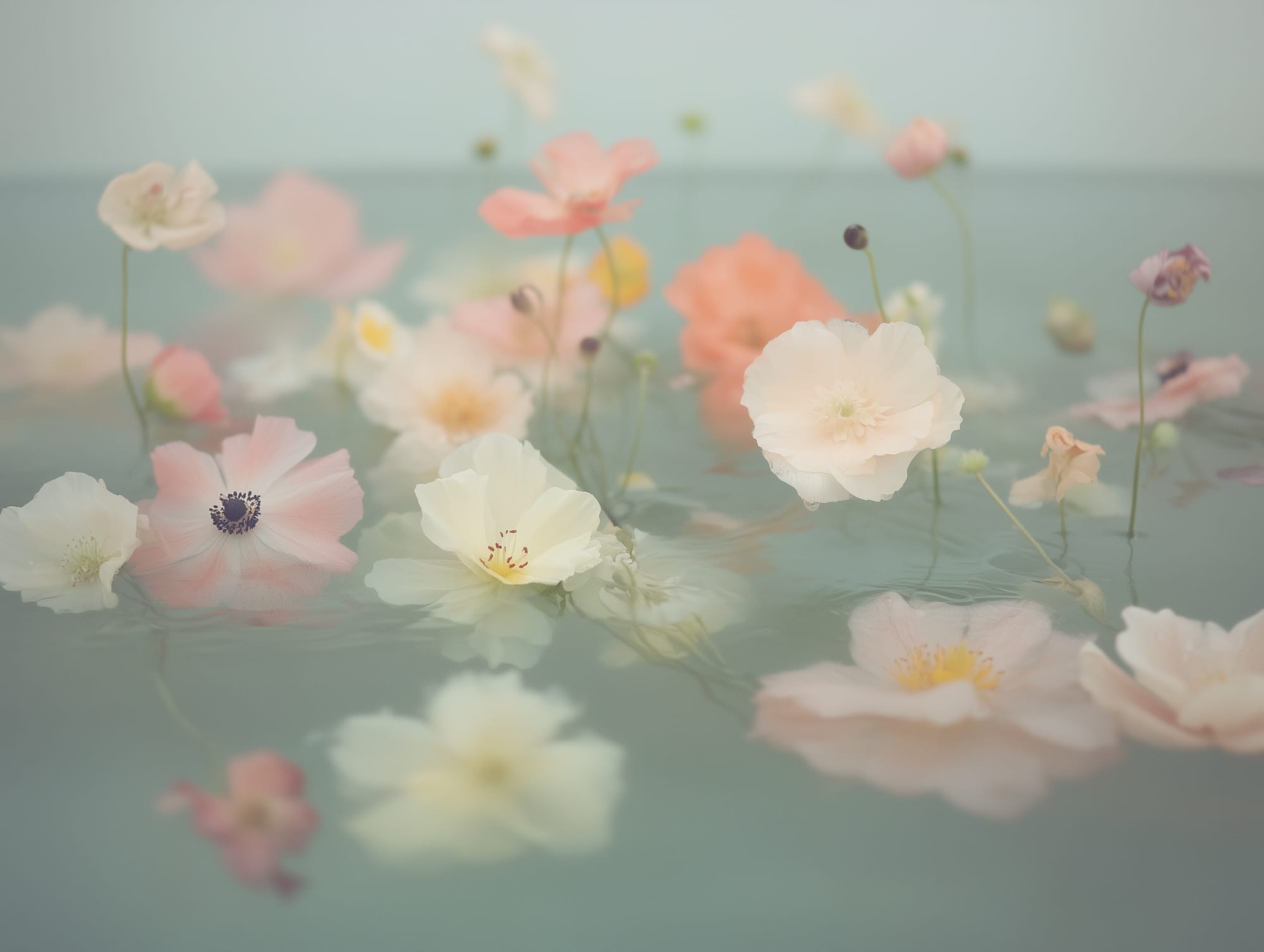 Softly lit pastel-coloured flowers floating in water with ripples and reflections.