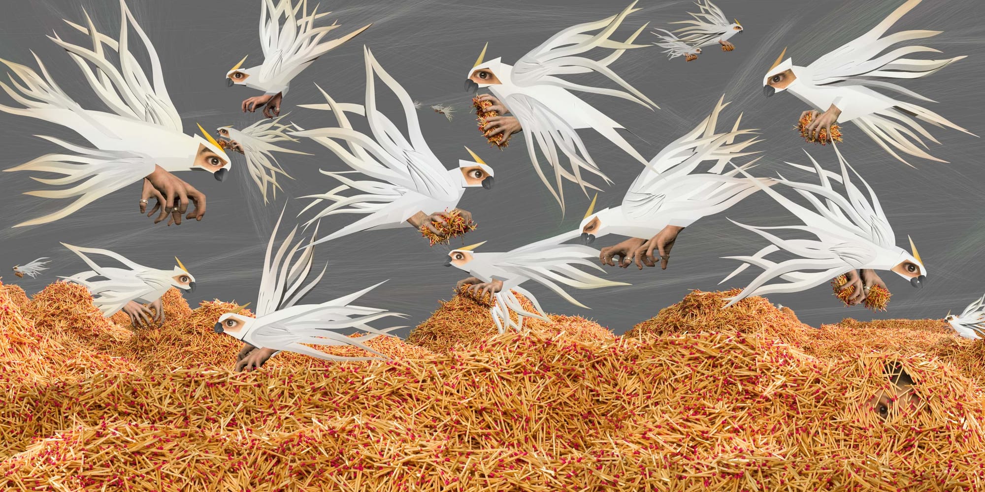 Stylised birds with human eyes and hands flying above a large nest of toothpicks and red sticks, against a grey background.