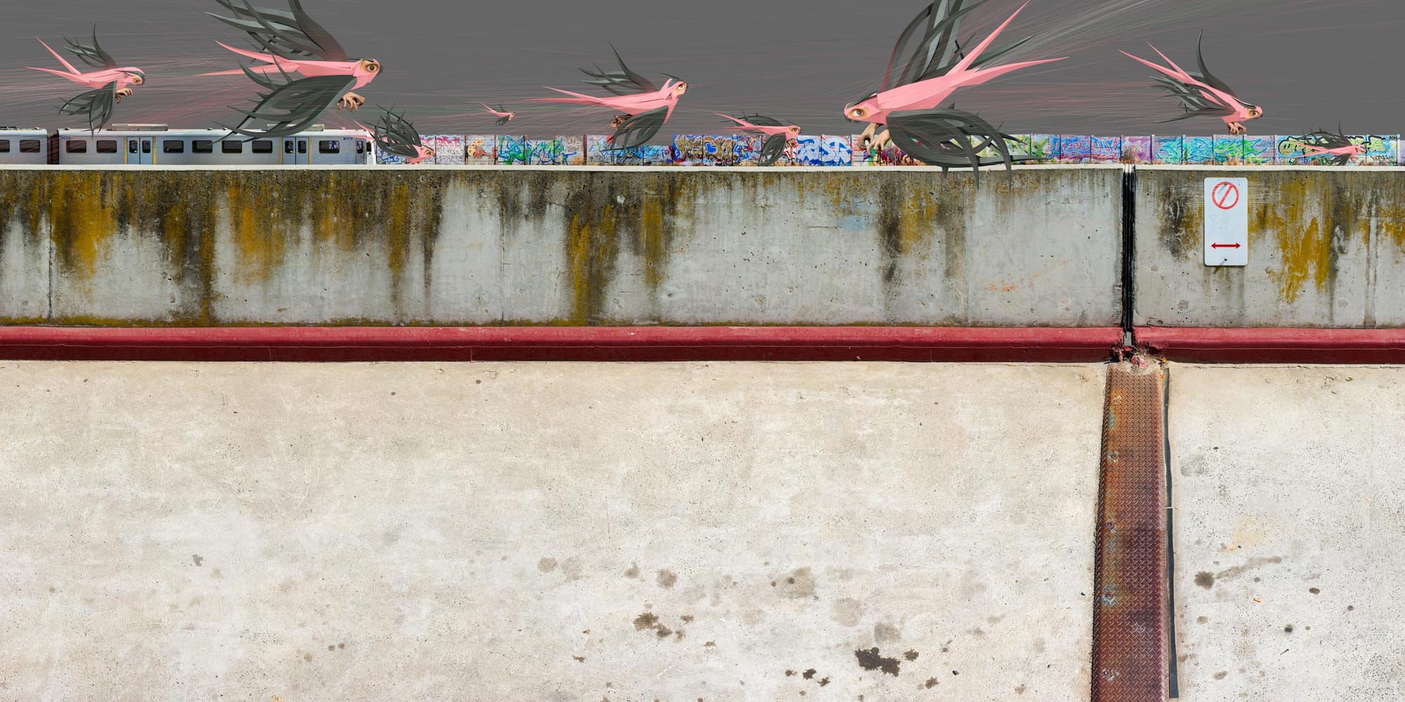 Pink birds with long tails flying over a city street, with a graffitied wall and a train behind them.