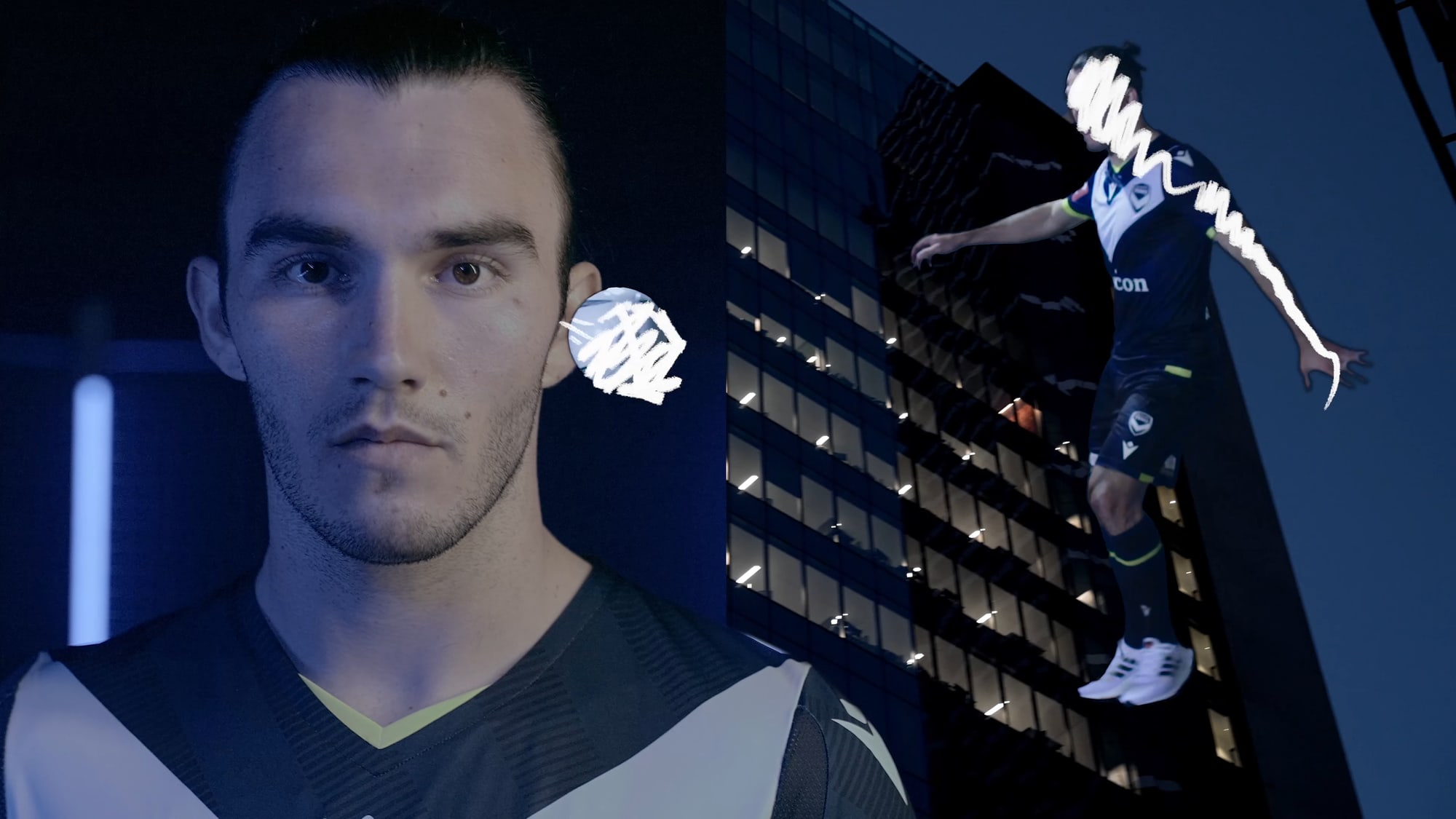 A Melbourne Victory player stares down the camera while a teammate leaps against a lit city tower, traced in a white scribble.