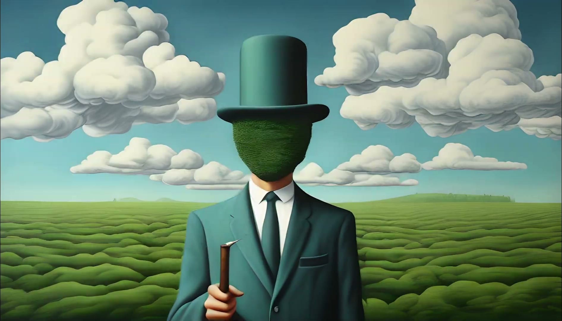 After Magritte — a man in a green suit and bowler hat standing in a green field, his face replaced by cloud, a pipe held at his side