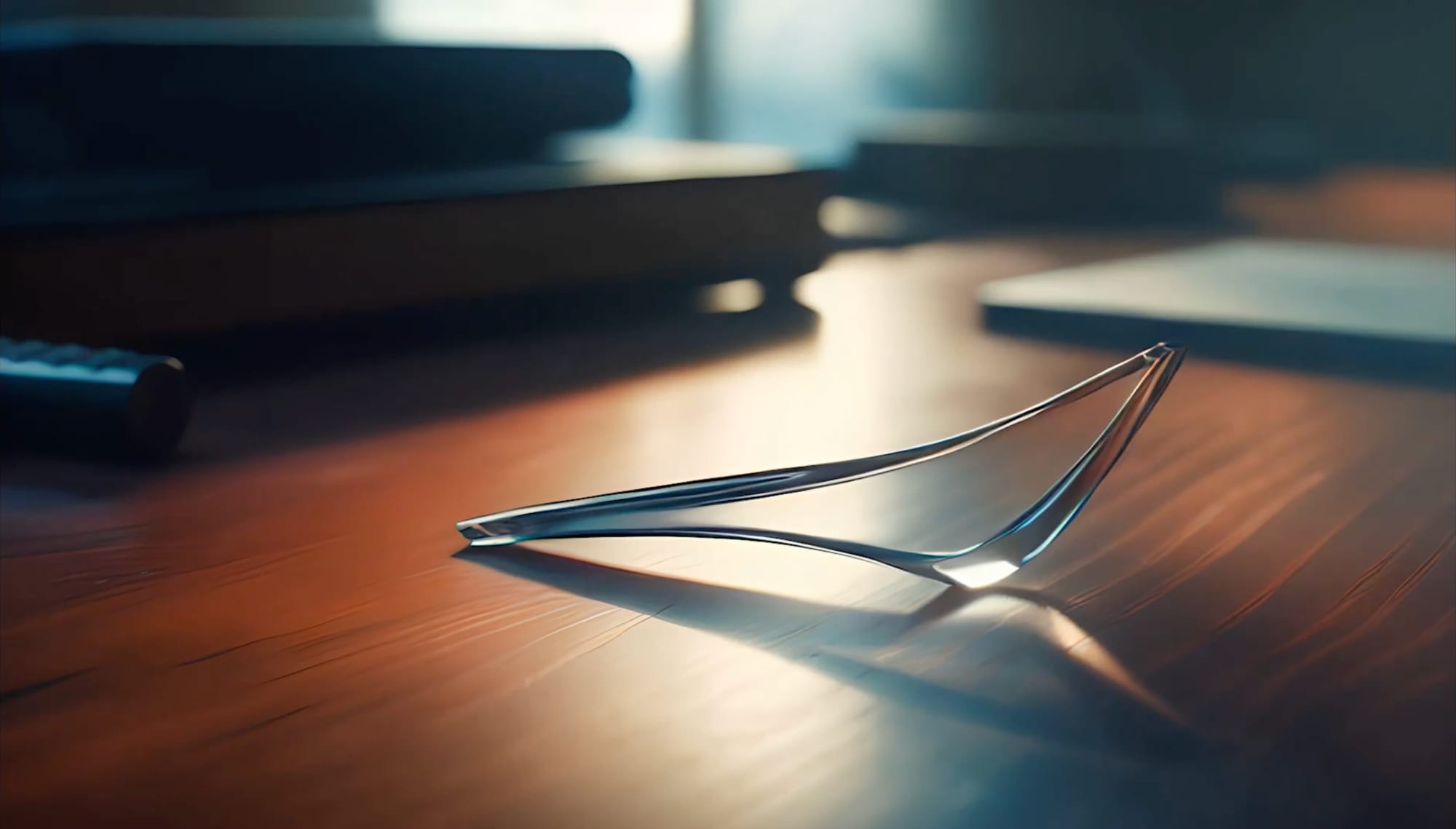A pipe drawn as a thin chrome outline, lying on a wooden desk in a shaft of light
