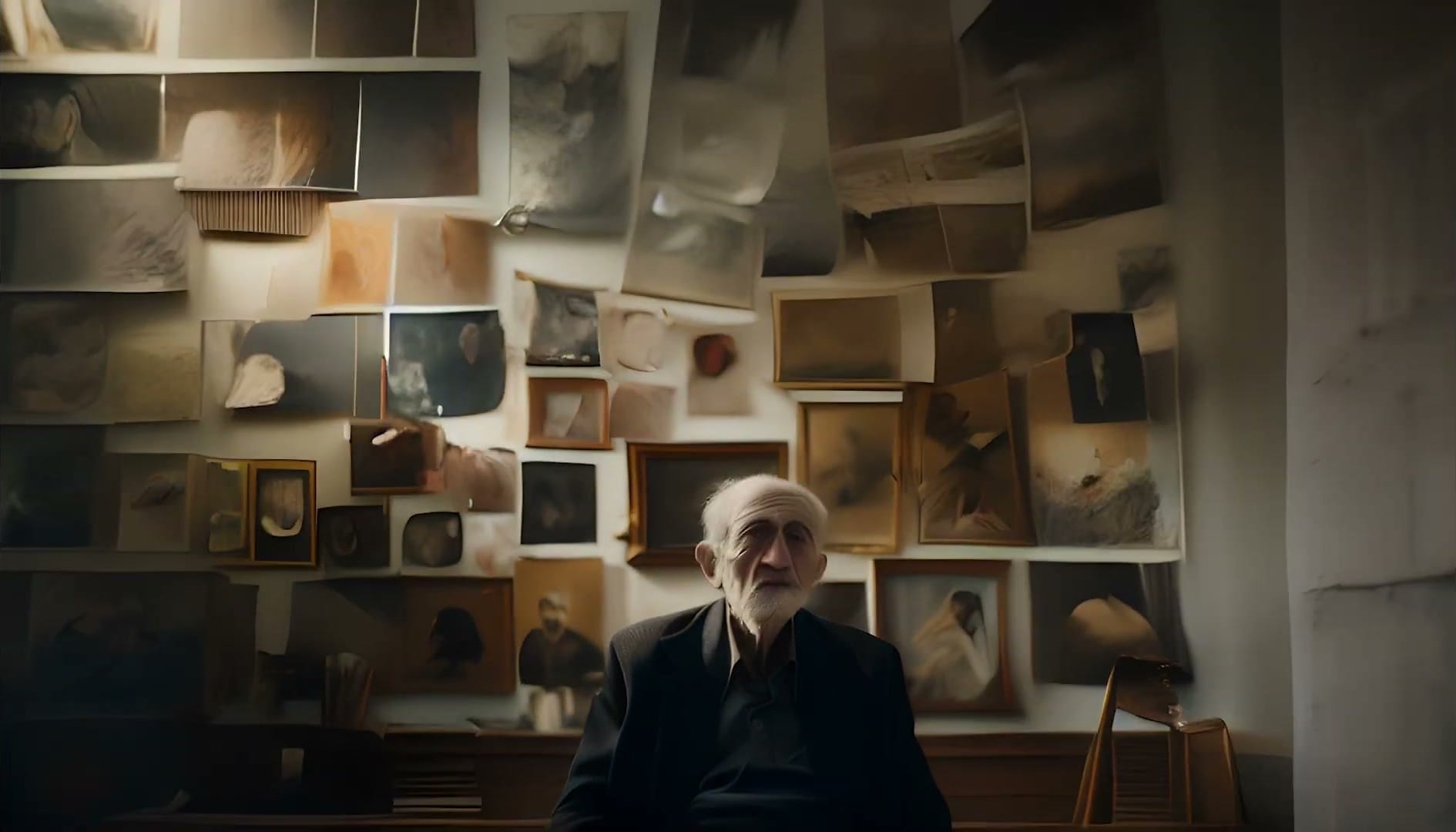 An elderly man sitting alone in a room whose walls are covered edge to edge with framed portraits