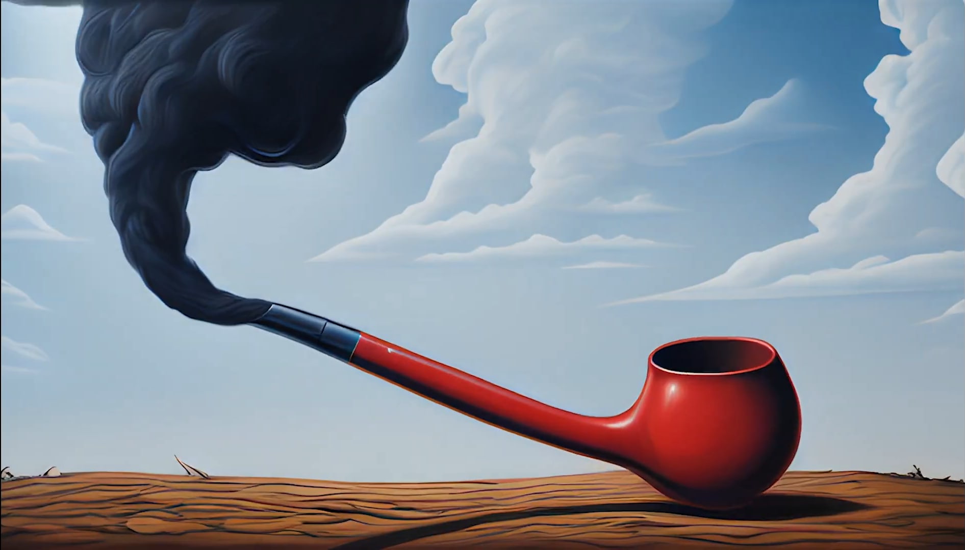 A surreal generated landscape: a giant red pipe on a desert floor, billowing dark smoke into a blue sky.