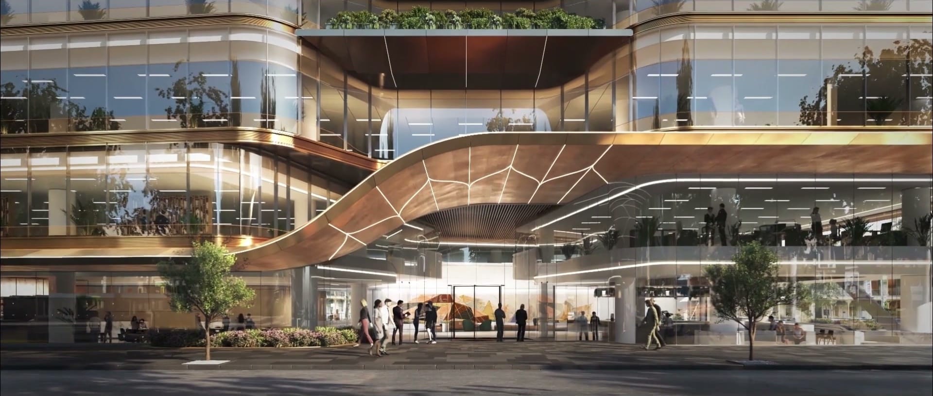 The building as it would be — curved timber-lined balconies stepping over a glazed ground floor, people crossing the forecourt at dusk