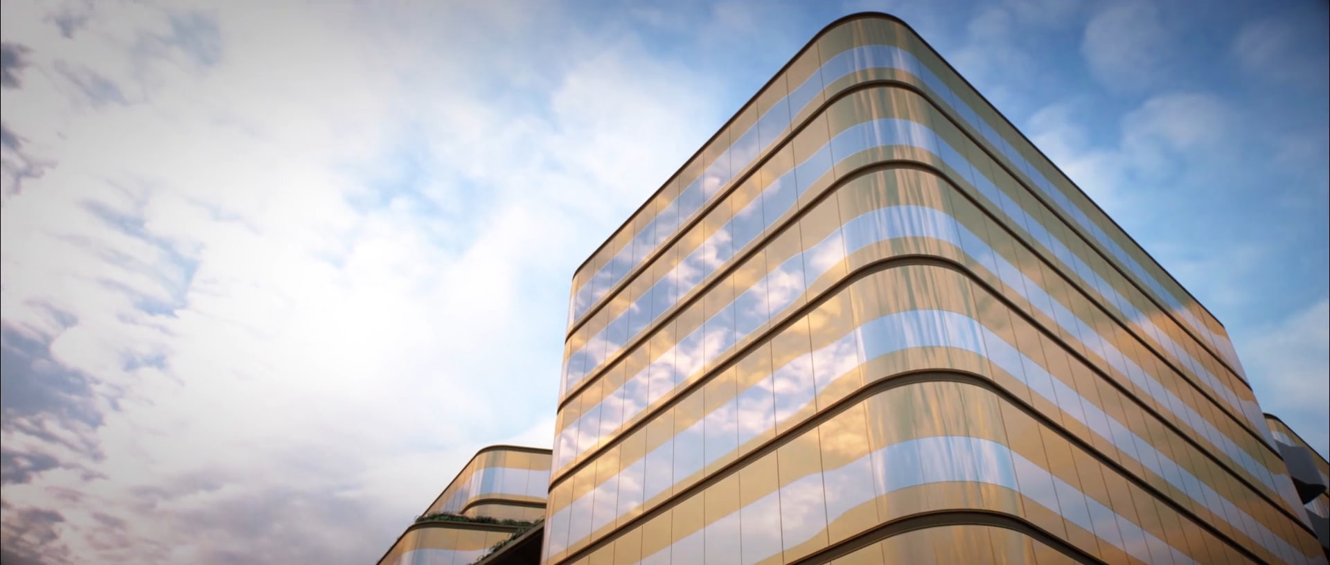 Binyan's render of Victoria Place: curved glass and timber-lined floors rising against a bright sky.
