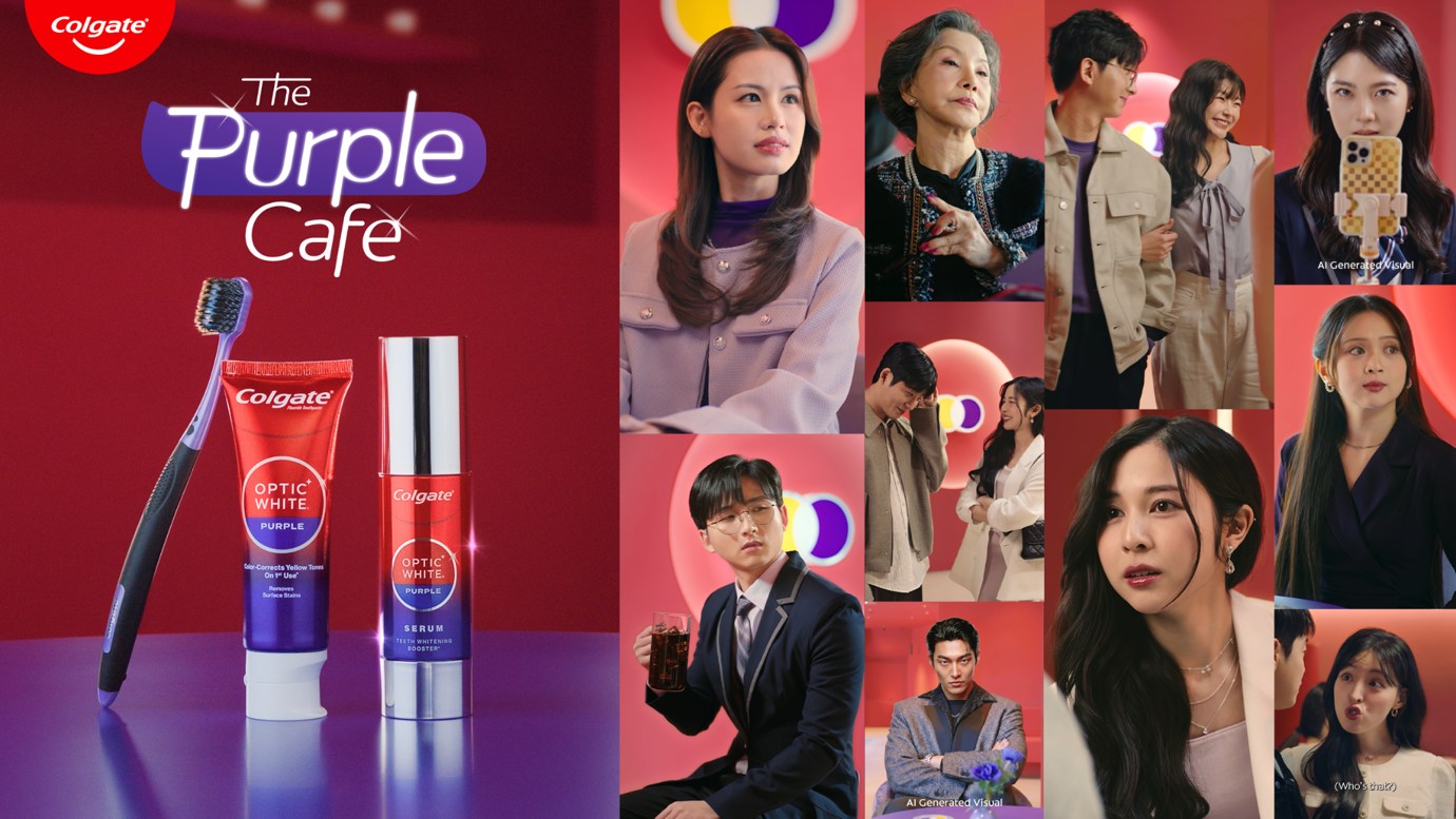 The Purple Café campaign artwork, combining Colgate Optic White Purple products with a collage of characters from the series and its AI activation.