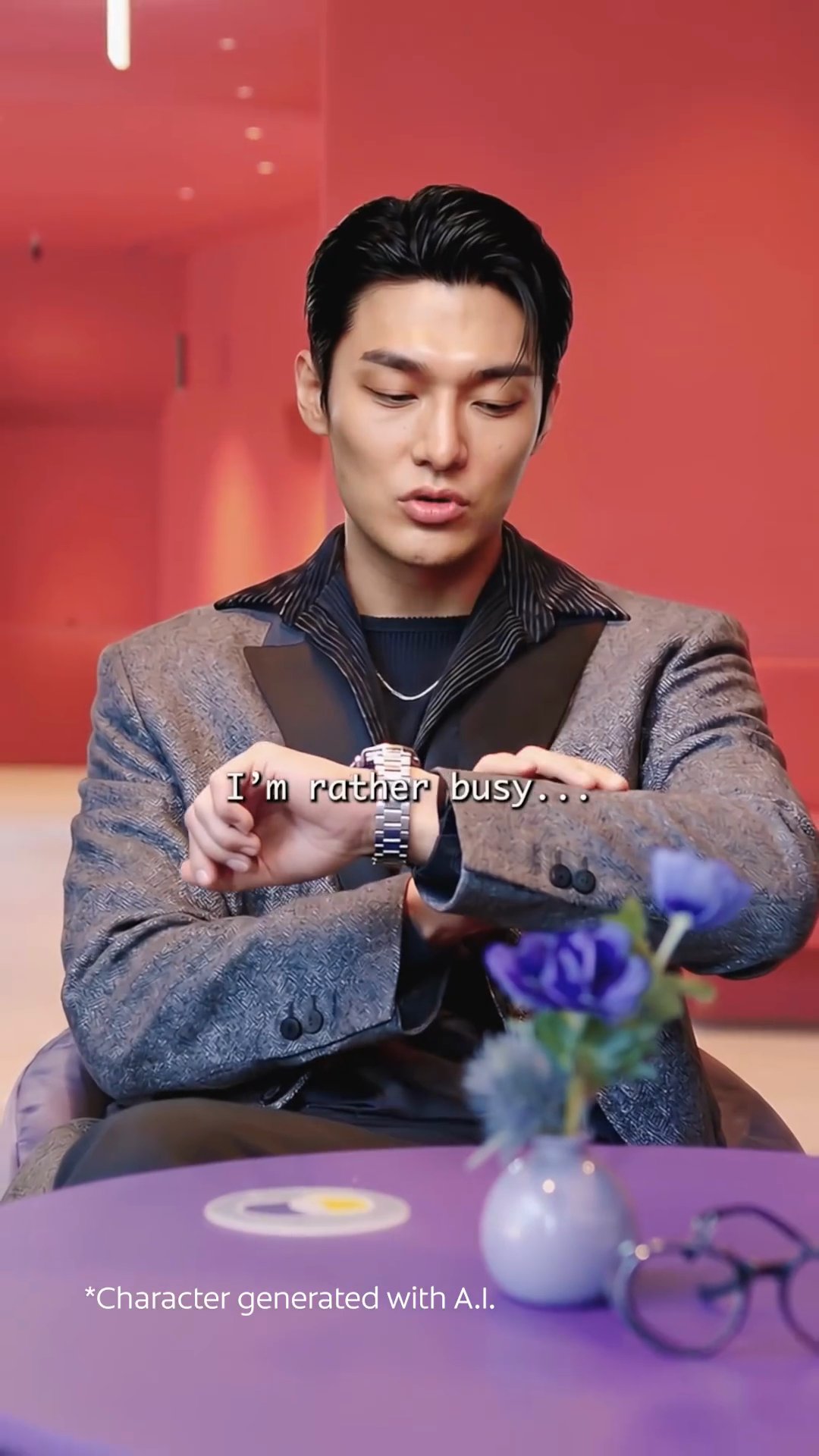 An AI-generated café character checks his watch at a purple table, with the original AI disclosure visible.
