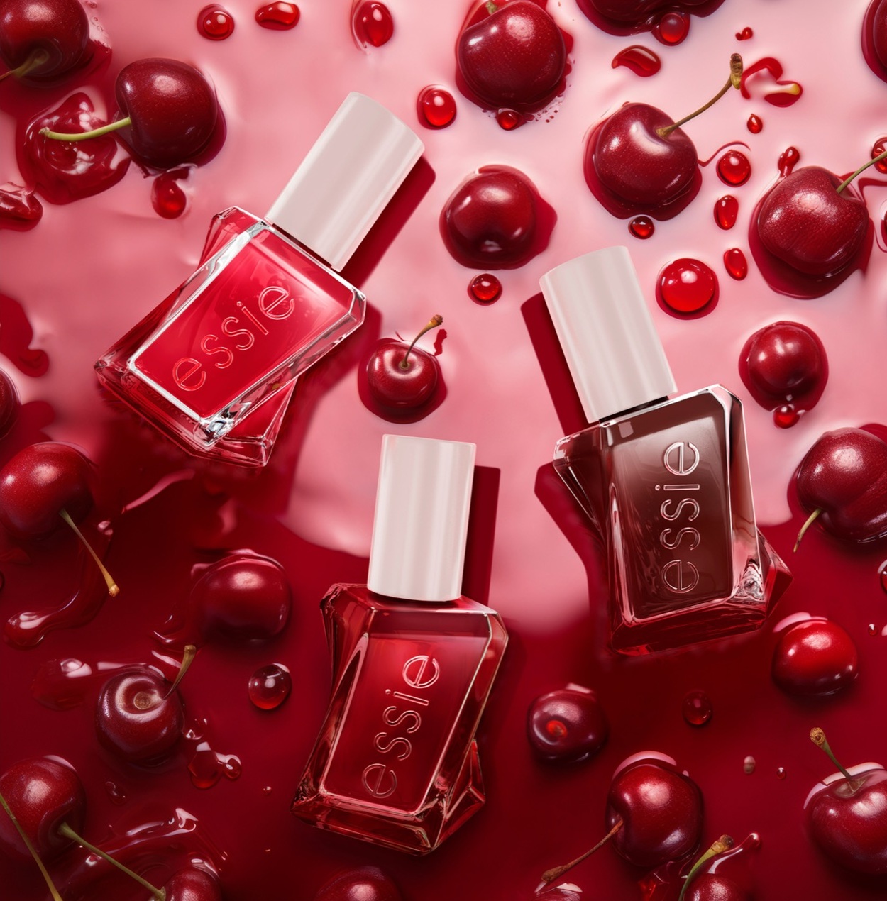 Red Essie nail polish bottles among cherries on a pink surface.