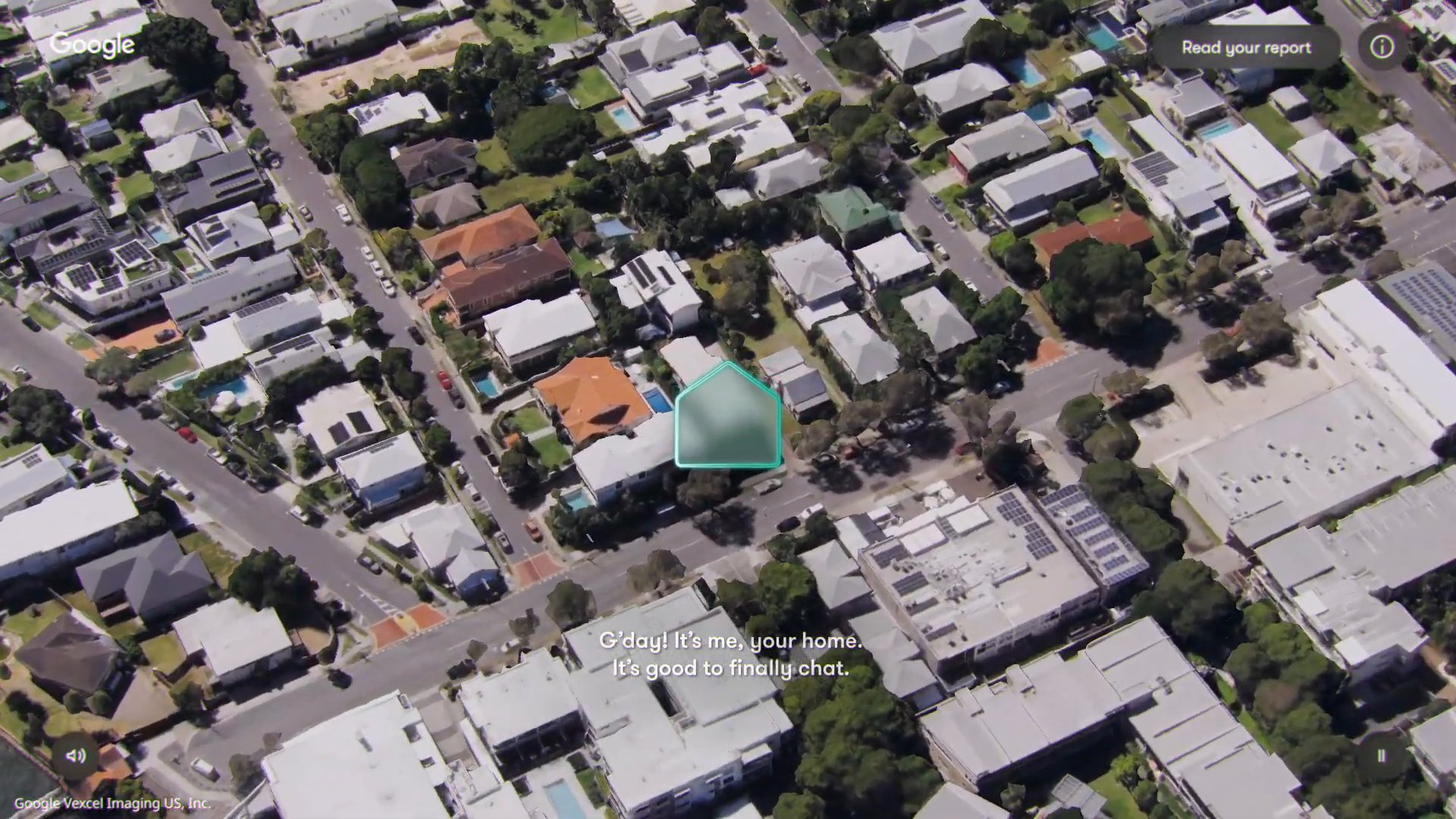 A home highlighted in Haven’s aerial property view, with the surrounding streets and houses.
