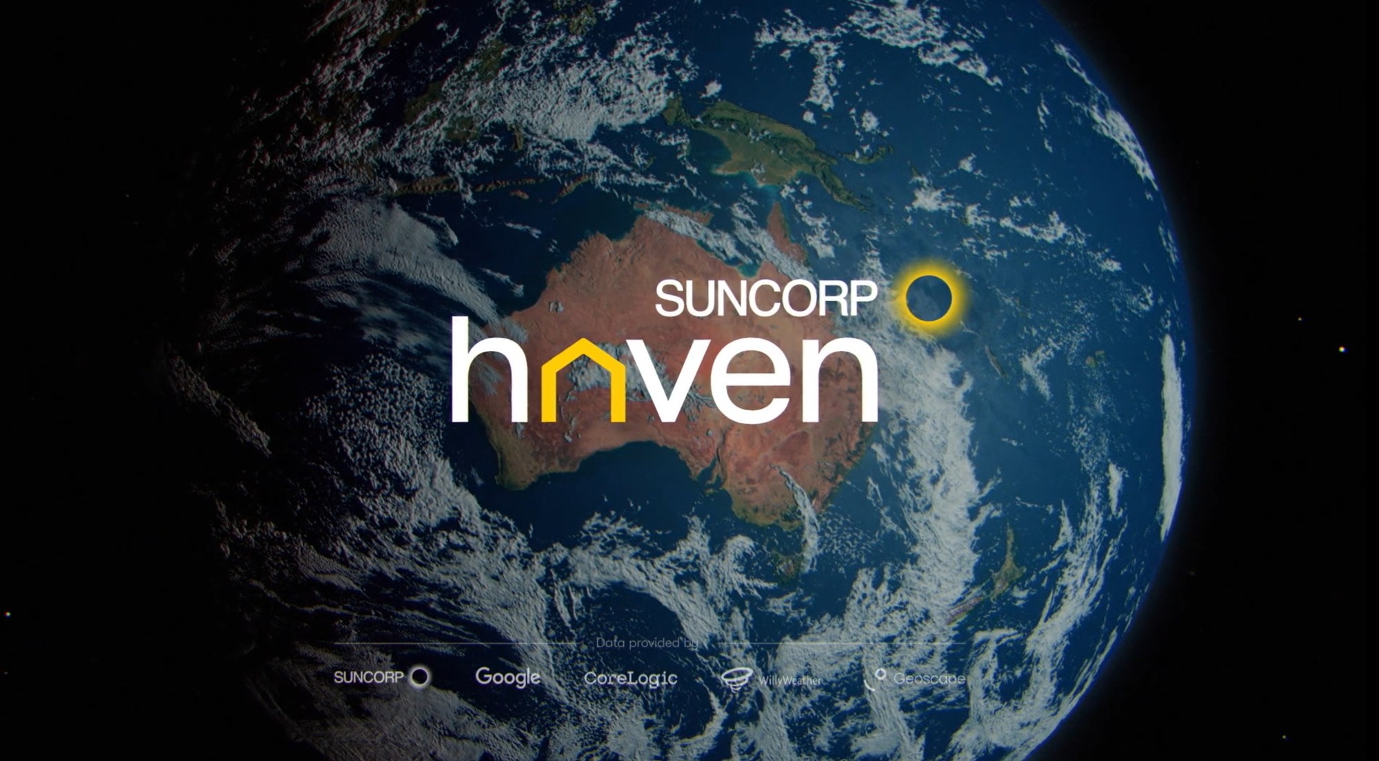 The Suncorp Haven title over a view of Earth centred on Australia, with its data partners along the lower edge.