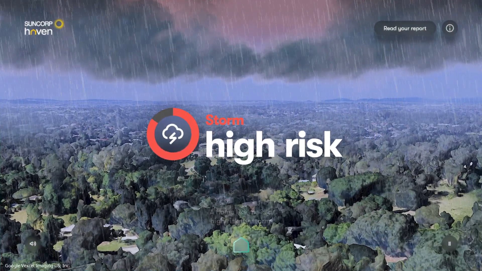 Haven presents a high-risk storm assessment over an aerial view of a residential neighbourhood.